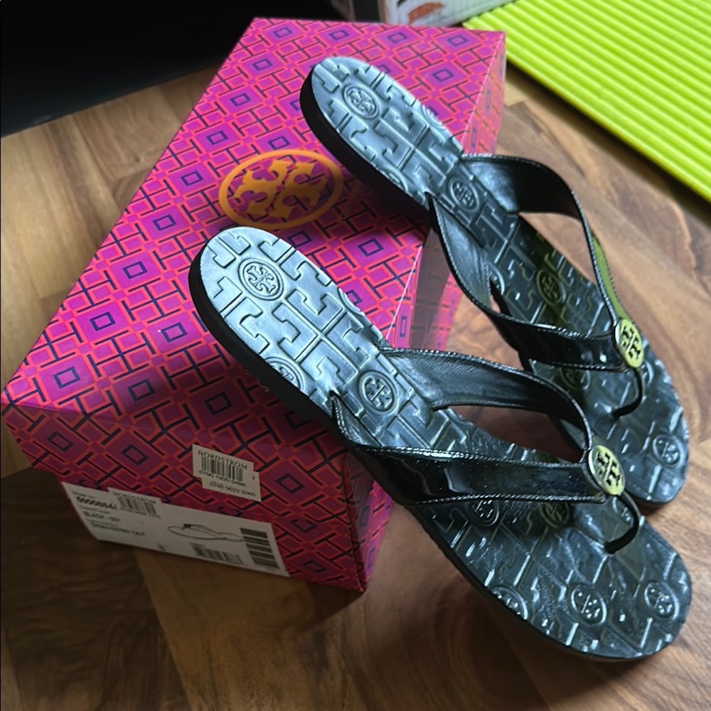 Tory Burch Black Sandals with Signature Medallion